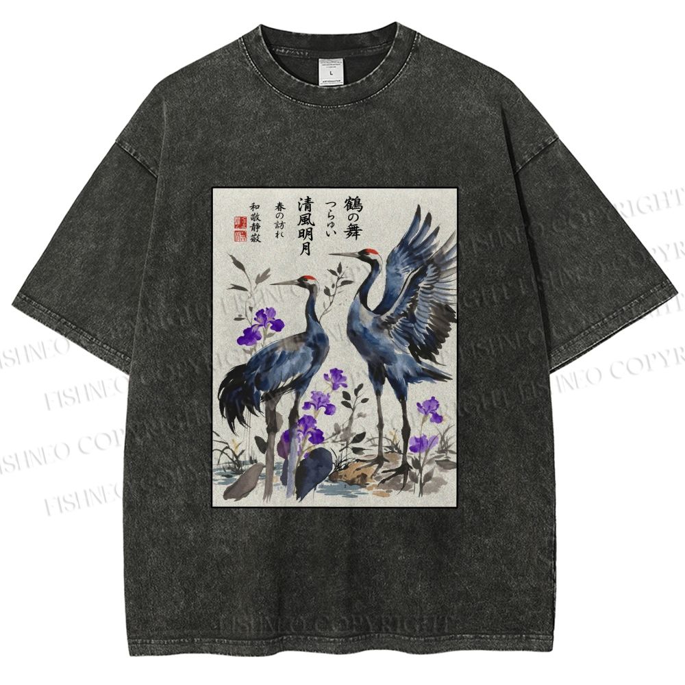 Unisex Two Cranes In A Zen Garden Printed Washed Tee