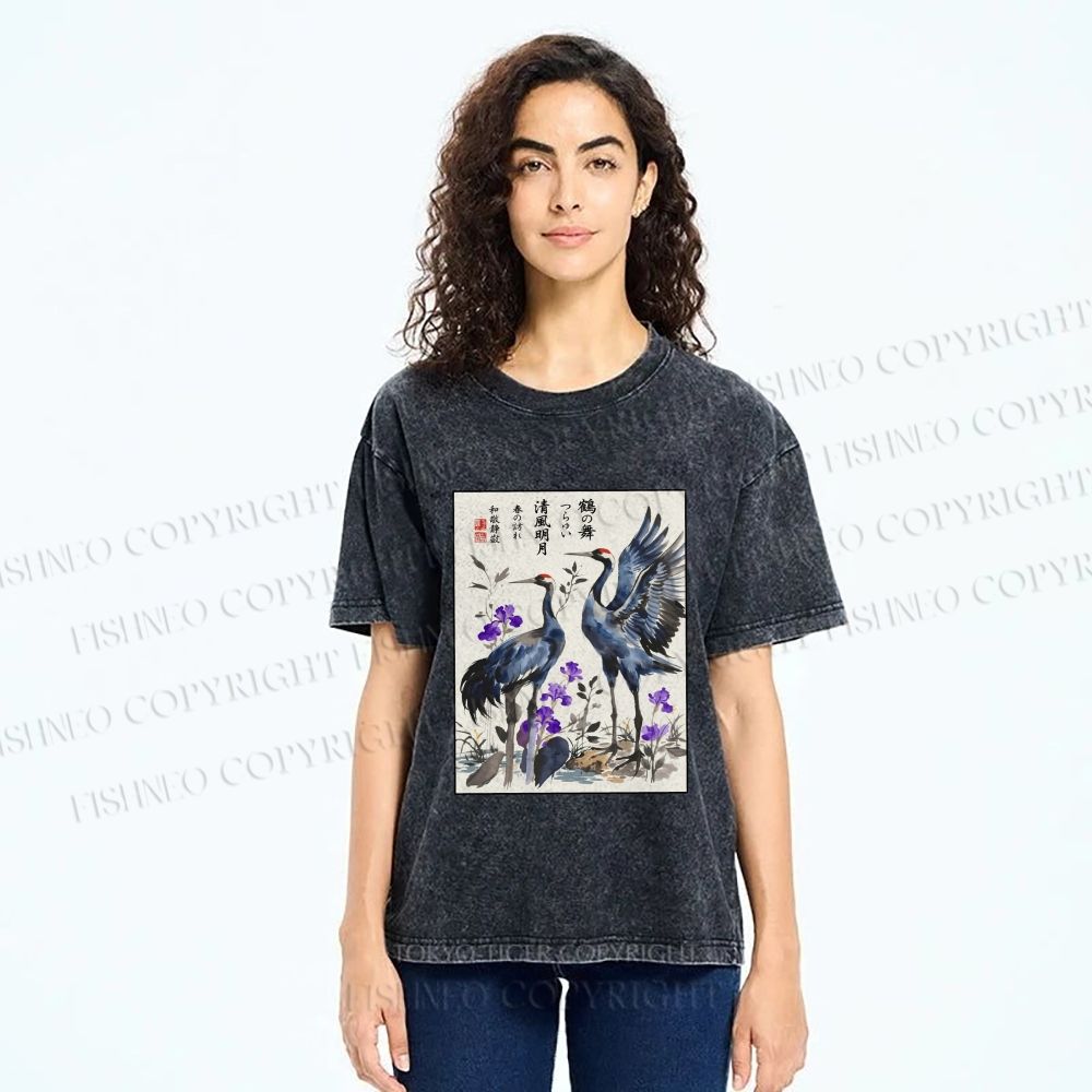Unisex Two Cranes In A Zen Garden Printed Washed Tee