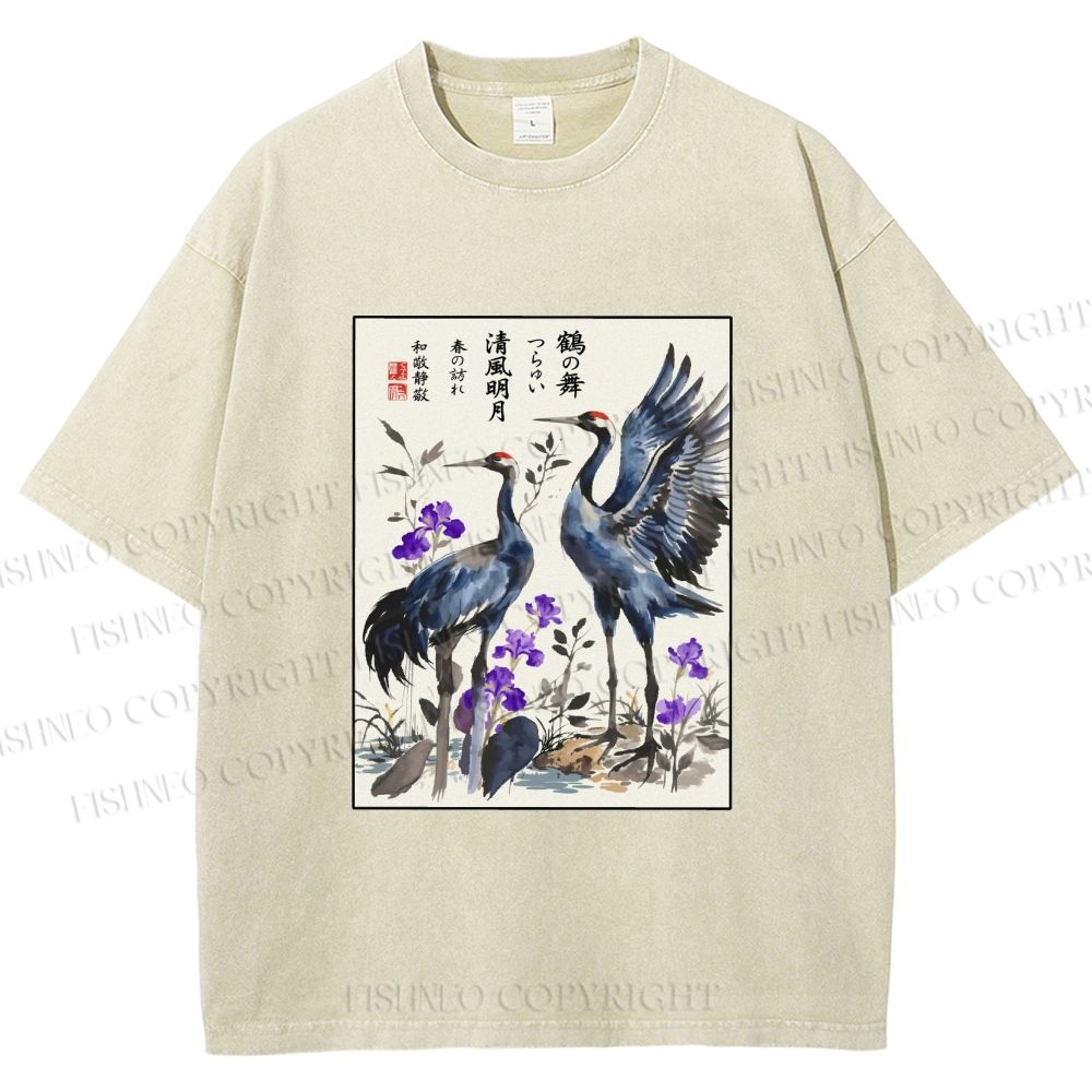 Unisex Two Cranes In A Zen Garden Printed Washed Tee