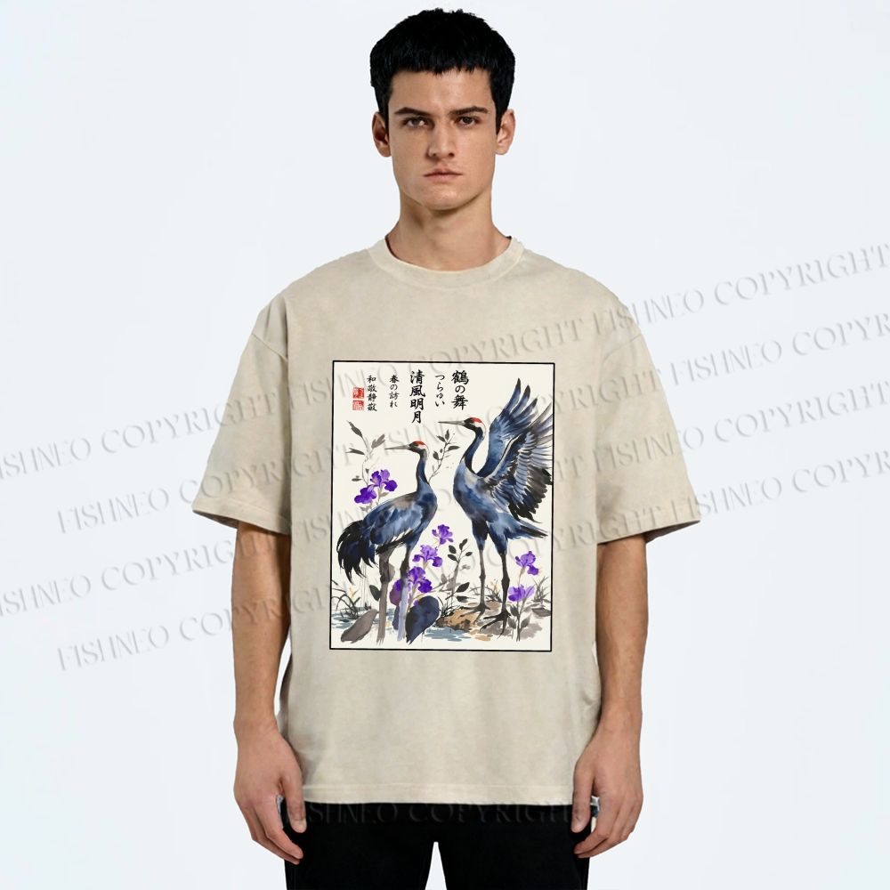 Unisex Two Cranes In A Zen Garden Printed Washed Tee