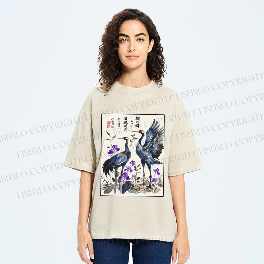 Unisex Two Cranes In A Zen Garden Printed Washed Tee