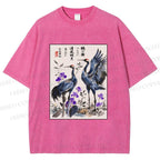 Unisex Two Cranes In A Zen Garden Printed Washed Tee