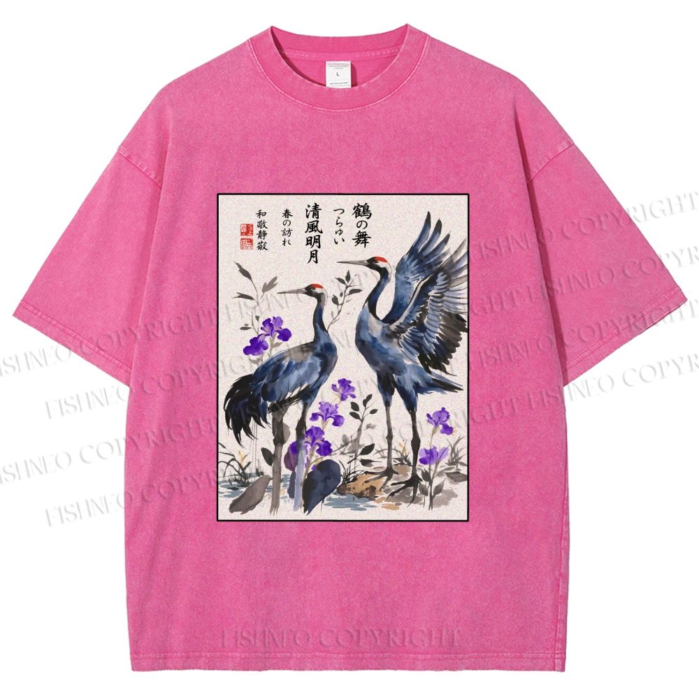 Unisex Two Cranes In A Zen Garden Printed Washed Tee