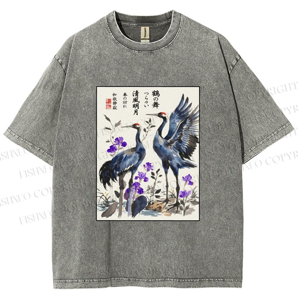 Unisex Two Cranes In A Zen Garden Printed Washed Tee