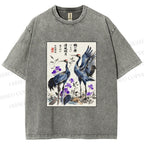 Unisex Two Cranes In A Zen Garden Printed Washed Tee
