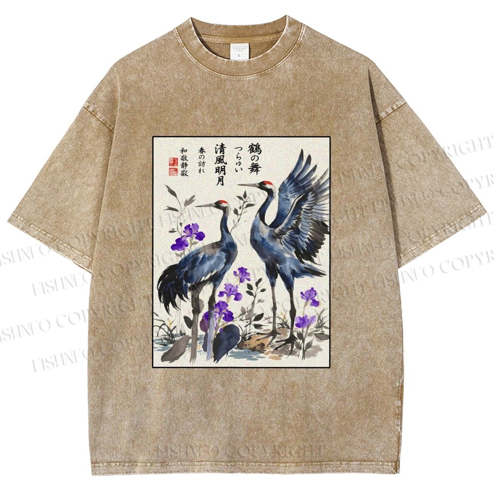 Unisex Two Cranes In A Zen Garden Printed Washed Tee