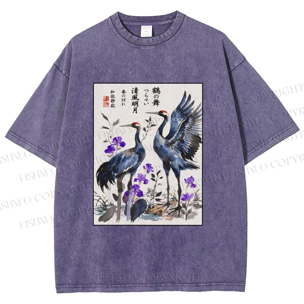 Unisex Two Cranes In A Zen Garden Printed Washed Tee