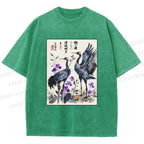 Unisex Two Cranes In A Zen Garden Printed Washed Tee