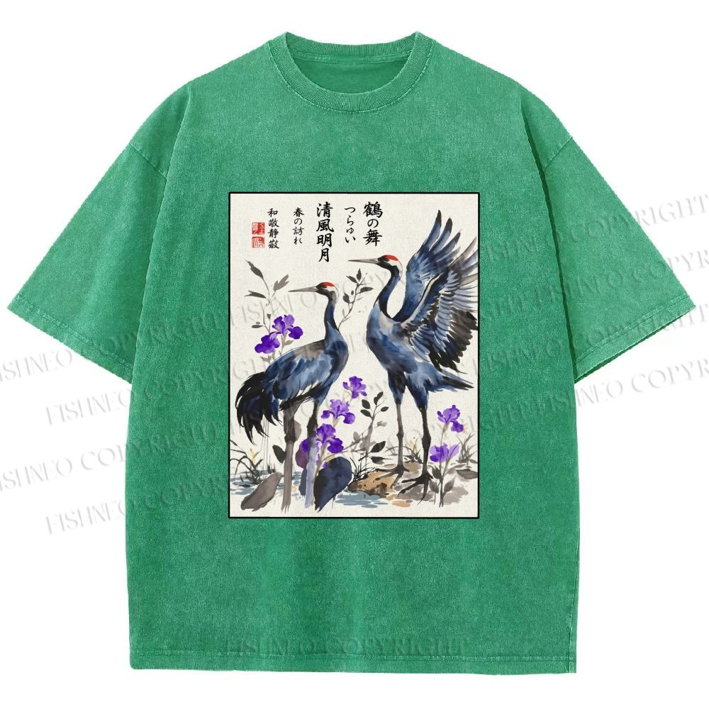 Unisex Two Cranes In A Zen Garden Printed Washed Tee