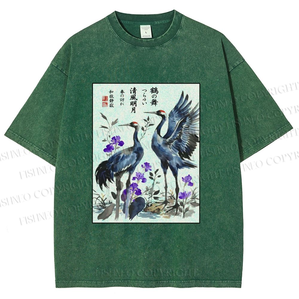 Unisex Two Cranes In A Zen Garden Printed Washed Tee
