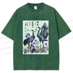 Unisex Two Cranes In A Zen Garden Printed Washed Tee