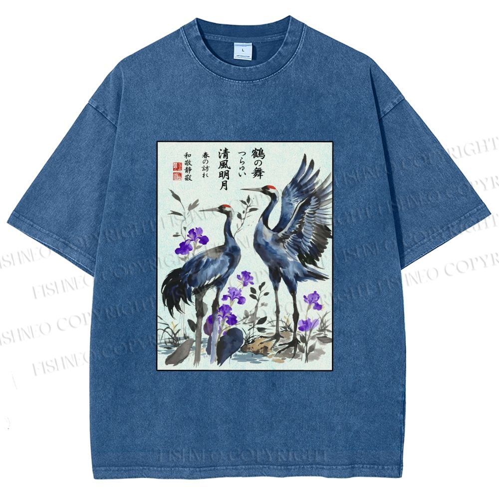 Unisex Two Cranes In A Zen Garden Printed Washed Tee