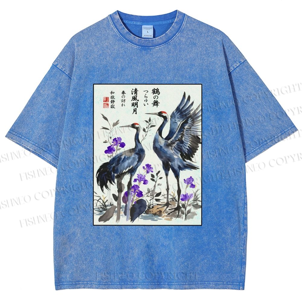 Unisex Two Cranes In A Zen Garden Printed Washed Tee