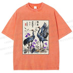 Unisex Two Cranes In A Zen Garden Printed Washed Tee