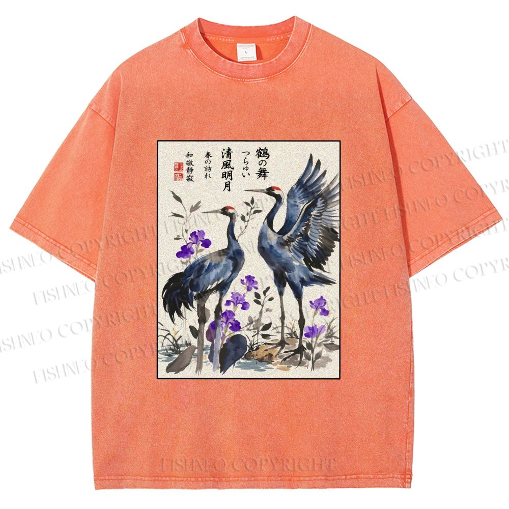 Unisex Two Cranes In A Zen Garden Printed Washed Tee