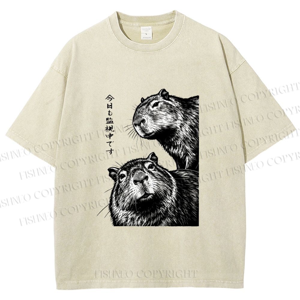 Unisex Capybara Surveillance Squad Printed Washed Tee