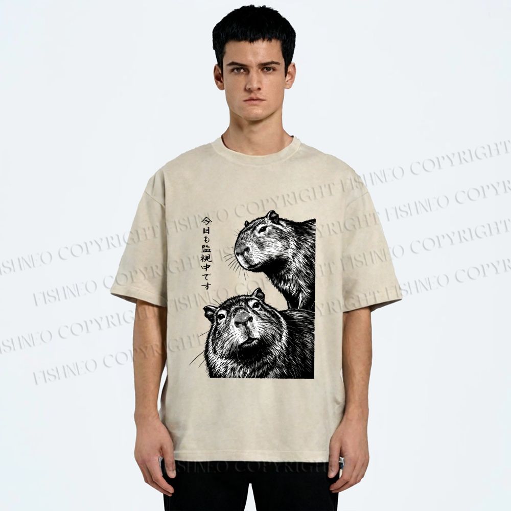 Unisex Capybara Surveillance Squad Printed Washed Tee