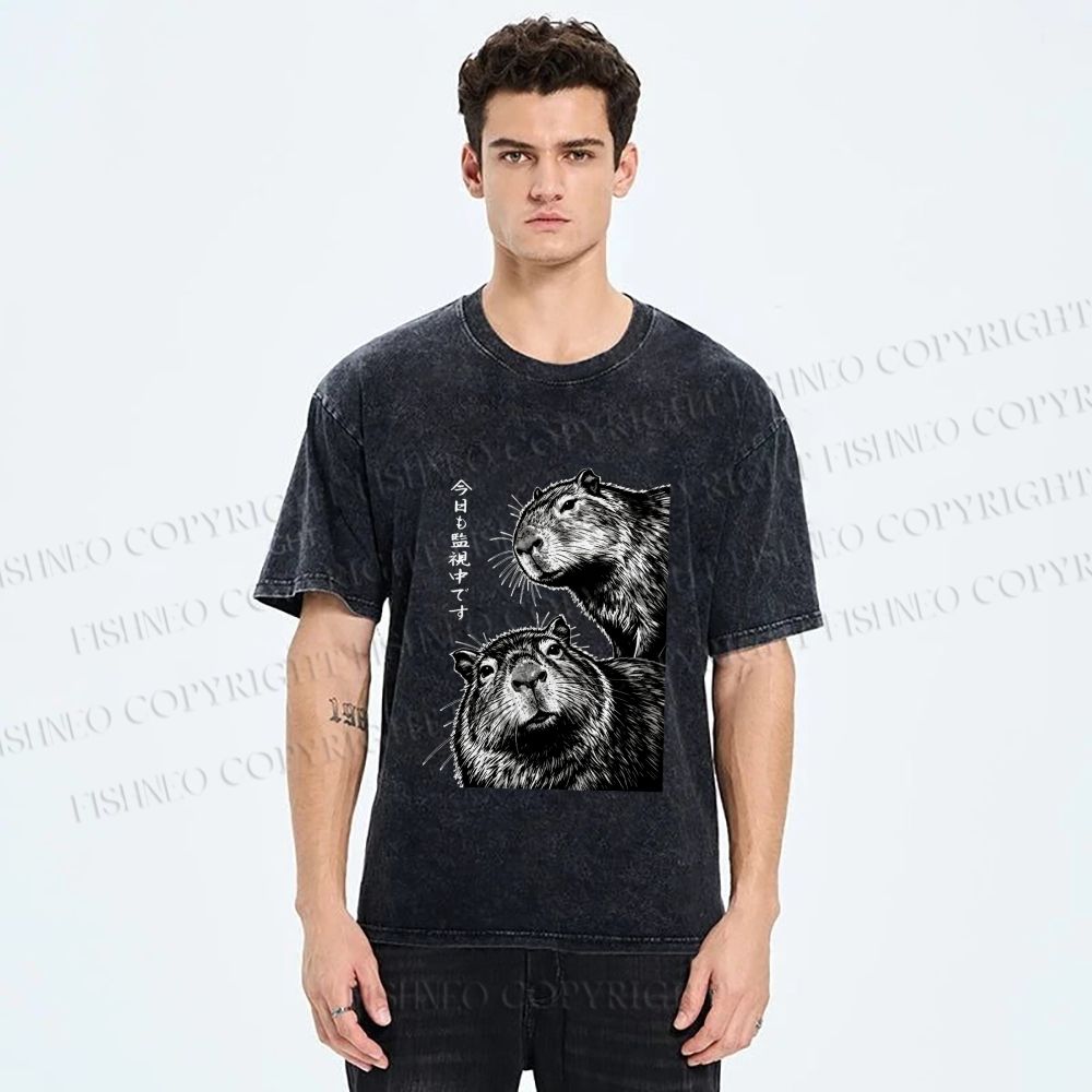 Unisex Capybara Surveillance Squad Printed Washed Tee