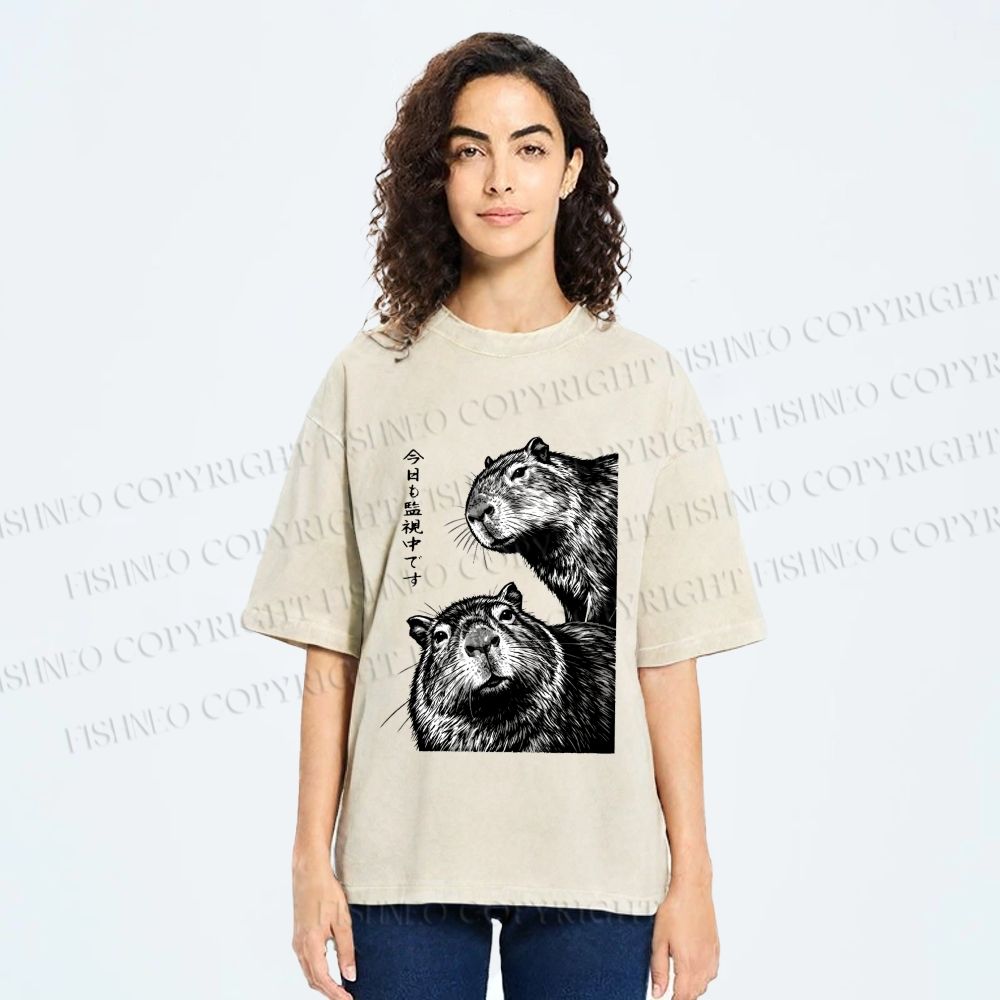 Unisex Capybara Surveillance Squad Printed Washed Tee