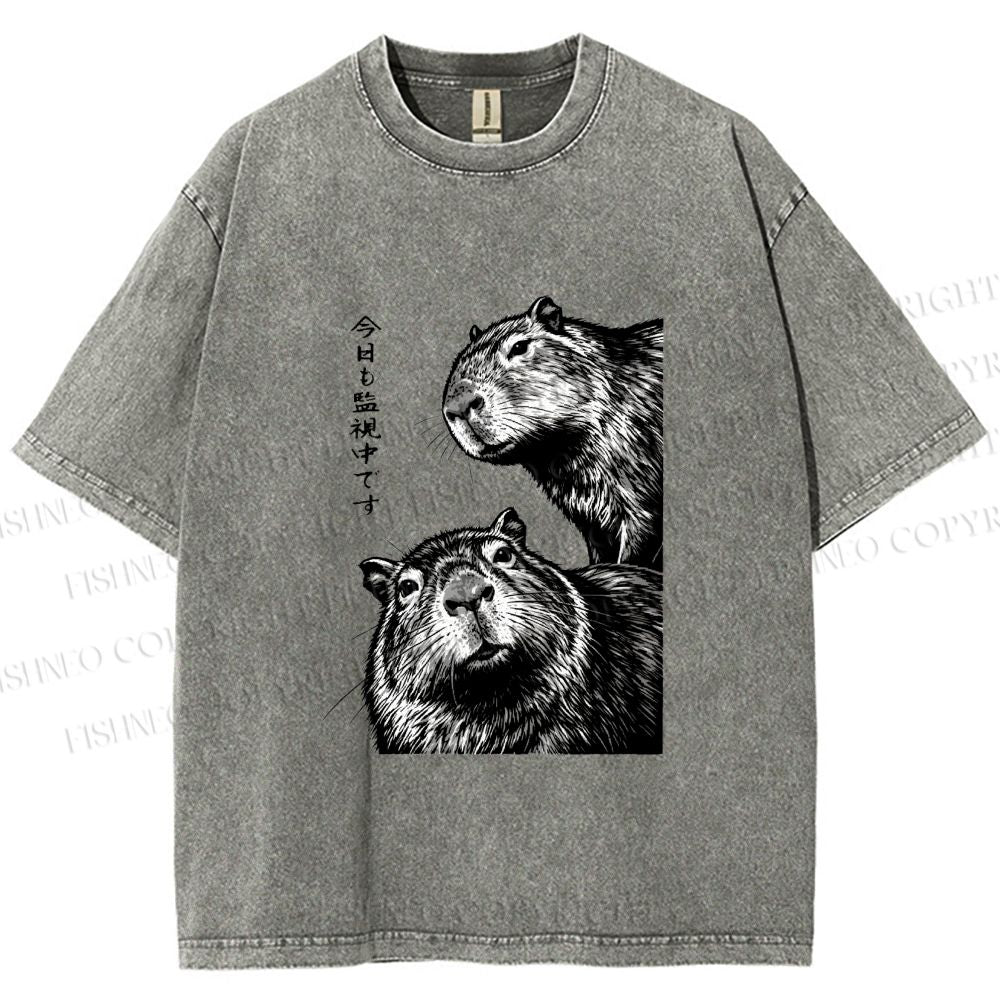 Unisex Capybara Surveillance Squad Printed Washed Tee