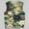 Unisex Water Lily Pond Black Cat Printed Tank Top