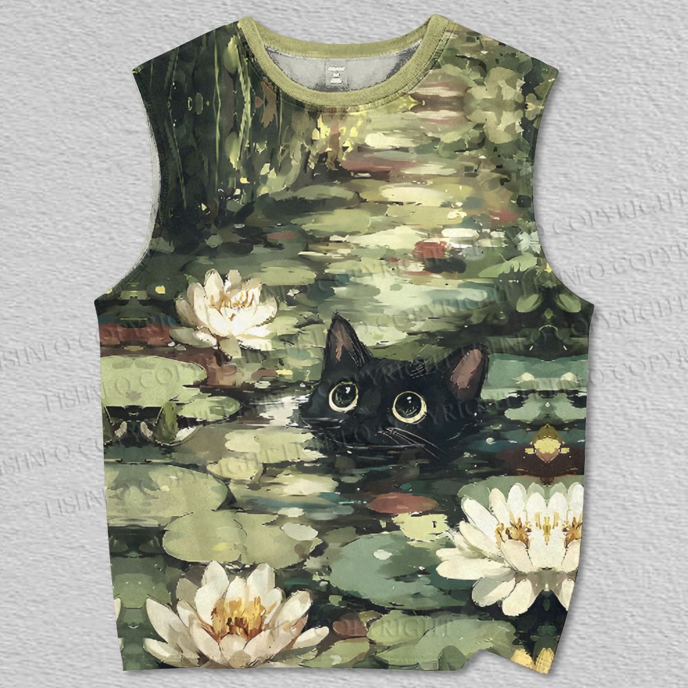Unisex Water Lily Pond Black Cat Printed Tank Top