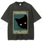 Unisex Personal Stalker Black Cat Retro Printed Washed Tee