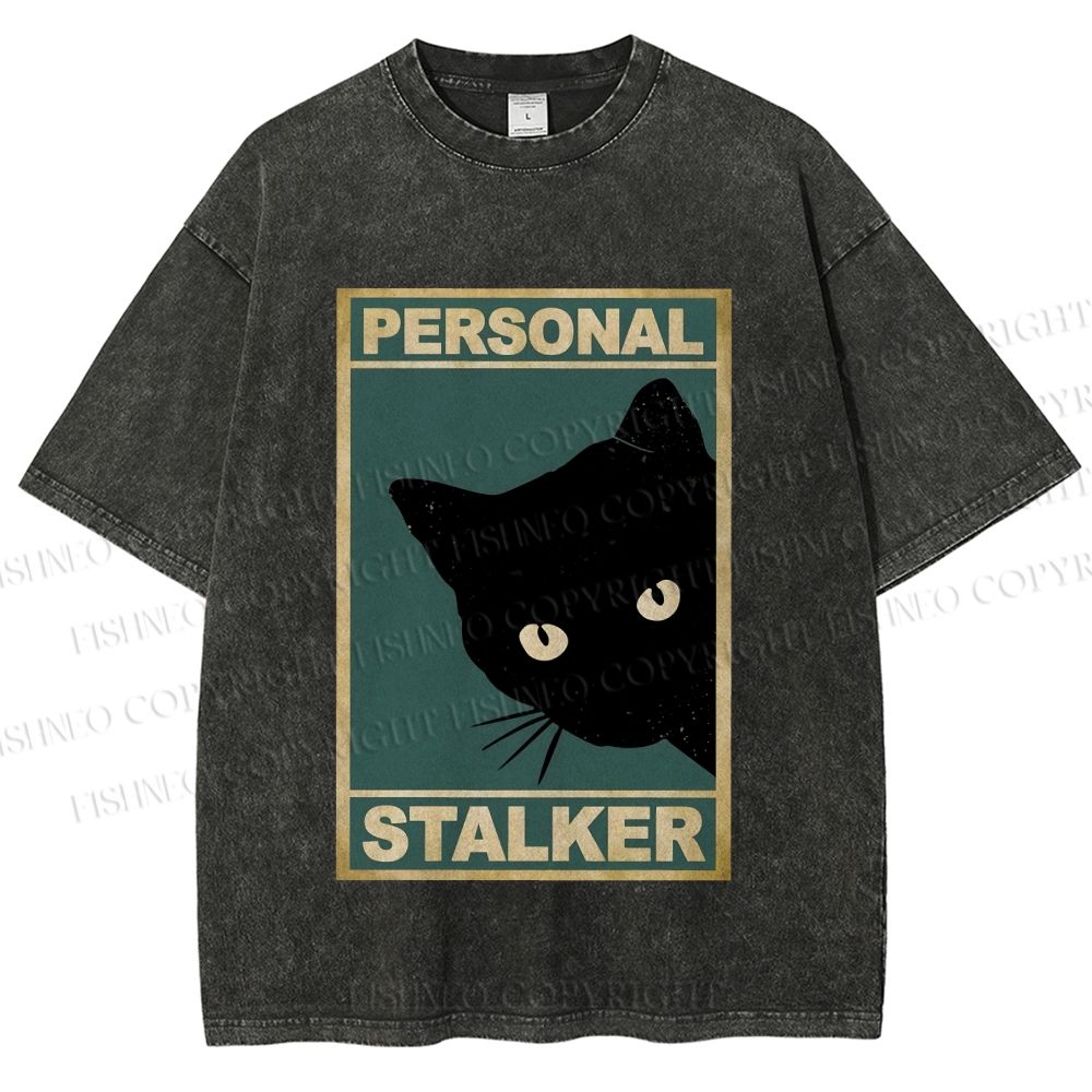 Unisex Personal Stalker Black Cat Retro Printed Washed Tee