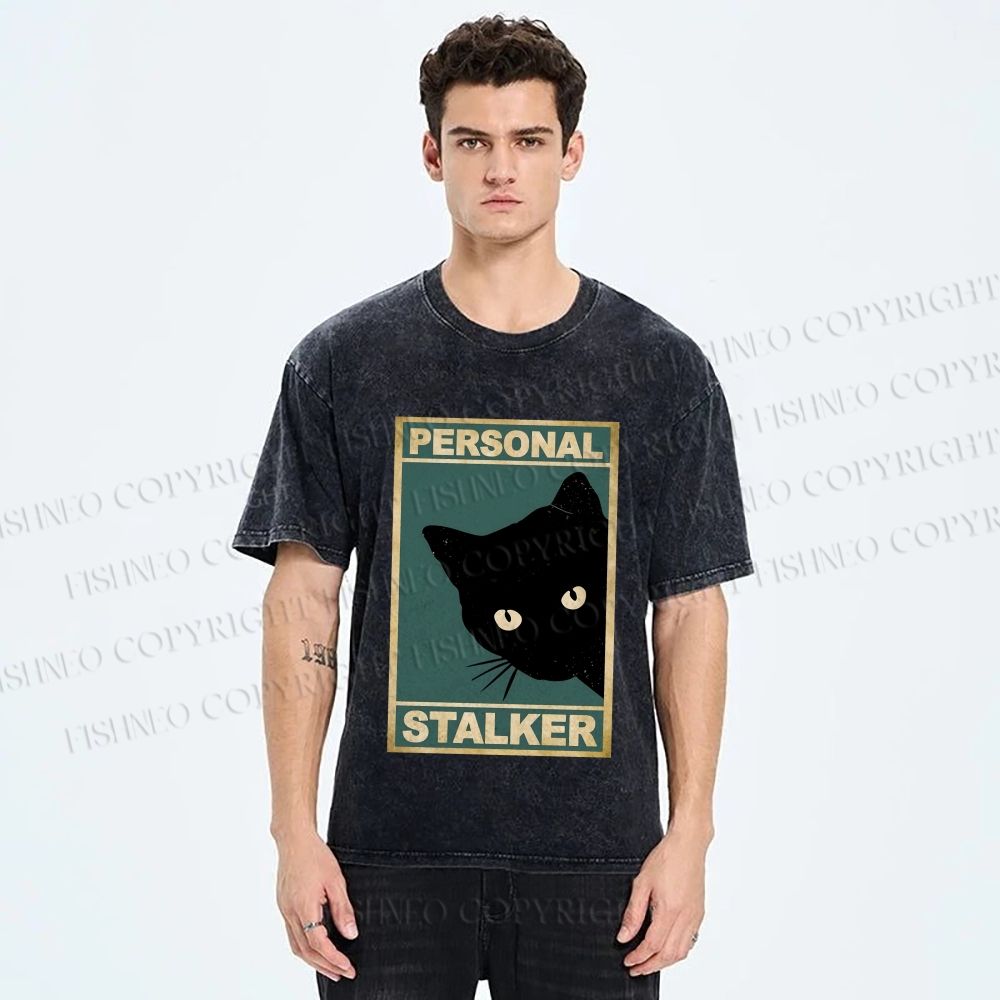 Unisex Personal Stalker Black Cat Retro Printed Washed Tee