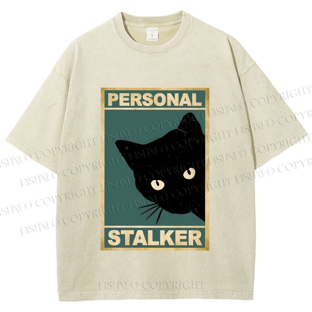 Unisex Personal Stalker Black Cat Retro Printed Washed Tee