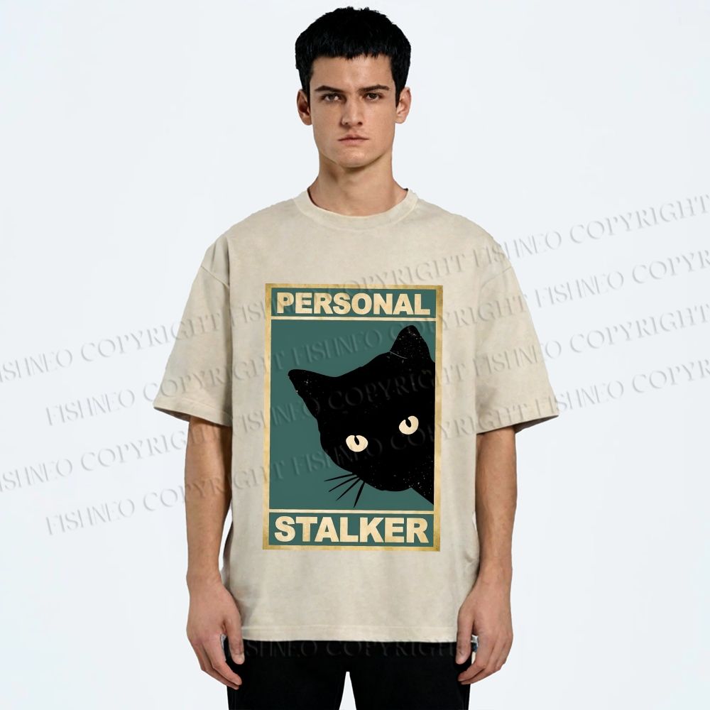 Unisex Personal Stalker Black Cat Retro Printed Washed Tee