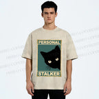 Unisex Personal Stalker Black Cat Retro Printed Washed Tee