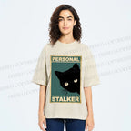 Unisex Personal Stalker Black Cat Retro Printed Washed Tee