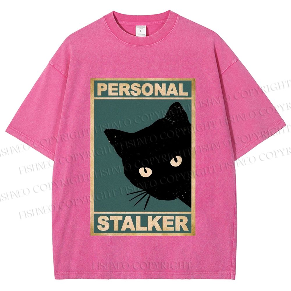 Unisex Personal Stalker Black Cat Retro Printed Washed Tee