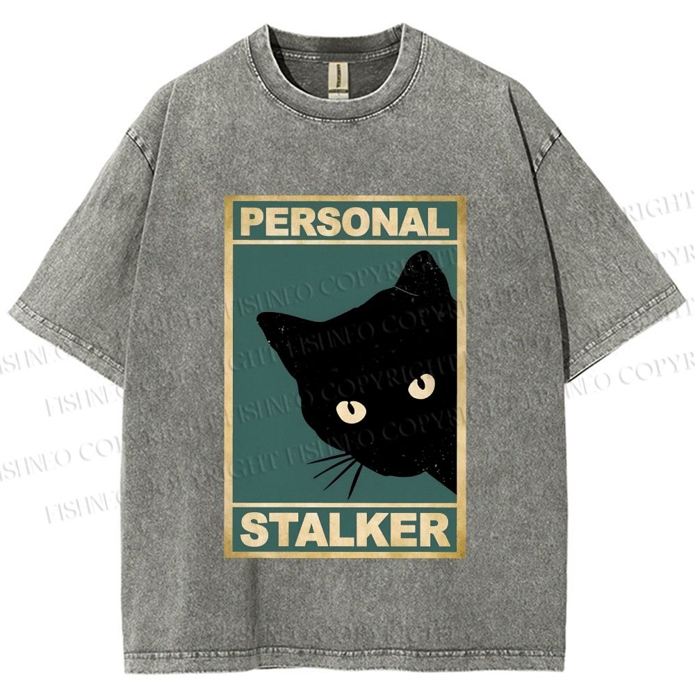 Unisex Personal Stalker Black Cat Retro Printed Washed Tee