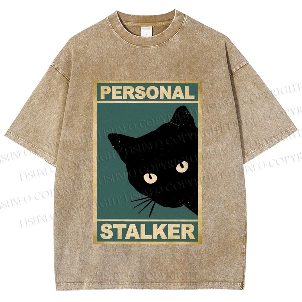Unisex Personal Stalker Black Cat Retro Printed Washed Tee