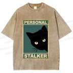 Unisex Personal Stalker Black Cat Retro Printed Washed Tee