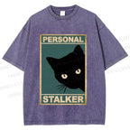 Unisex Personal Stalker Black Cat Retro Printed Washed Tee