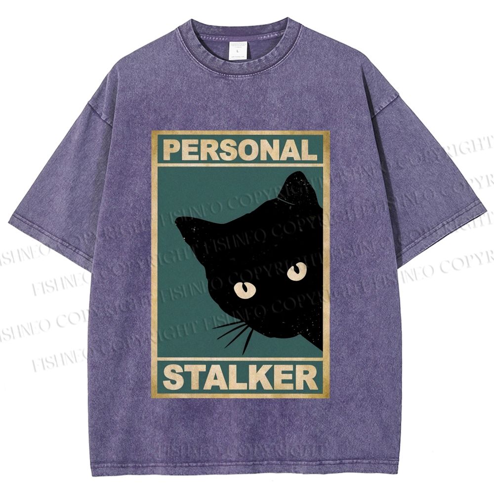 Unisex Personal Stalker Black Cat Retro Printed Washed Tee