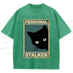 Unisex Personal Stalker Black Cat Retro Printed Washed Tee