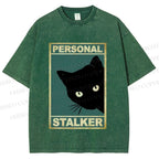 Unisex Personal Stalker Black Cat Retro Printed Washed Tee