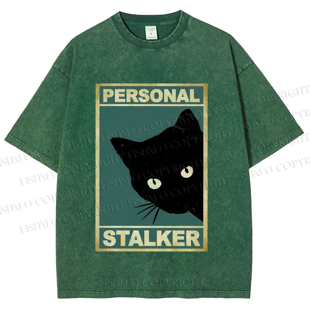 Unisex Personal Stalker Black Cat Retro Printed Washed Tee