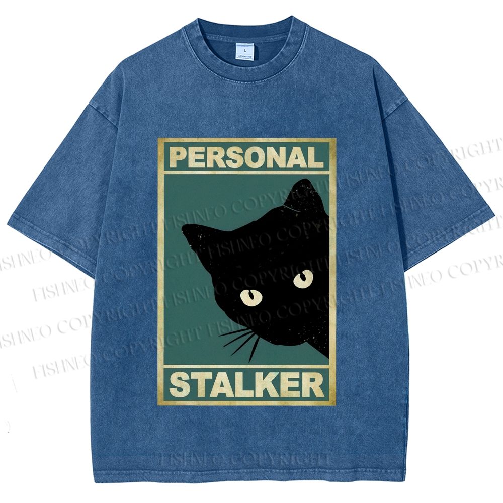 Unisex Personal Stalker Black Cat Retro Printed Washed Tee