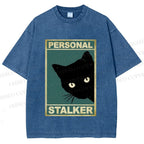 Unisex Personal Stalker Black Cat Retro Printed Washed Tee