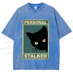 Unisex Personal Stalker Black Cat Retro Printed Washed Tee