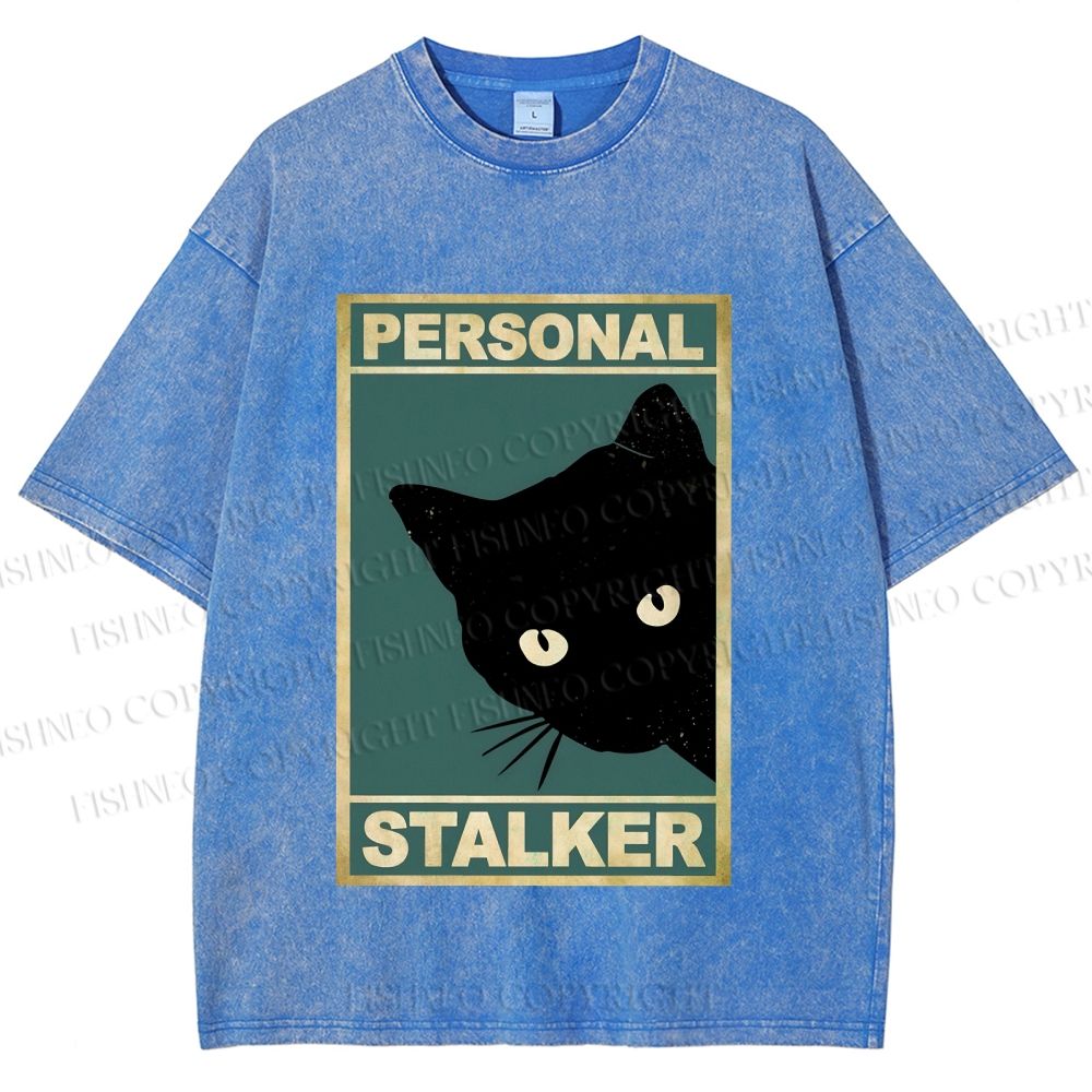 Unisex Personal Stalker Black Cat Retro Printed Washed Tee