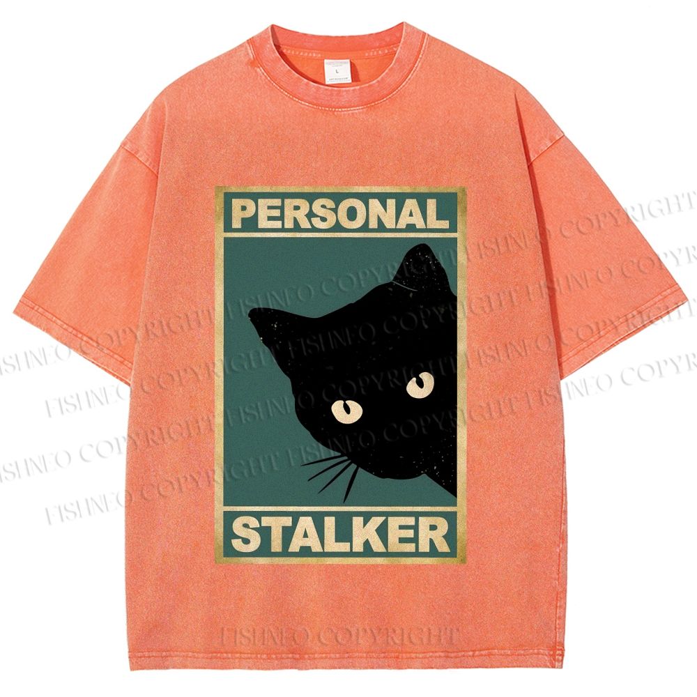 Unisex Personal Stalker Black Cat Retro Printed Washed Tee