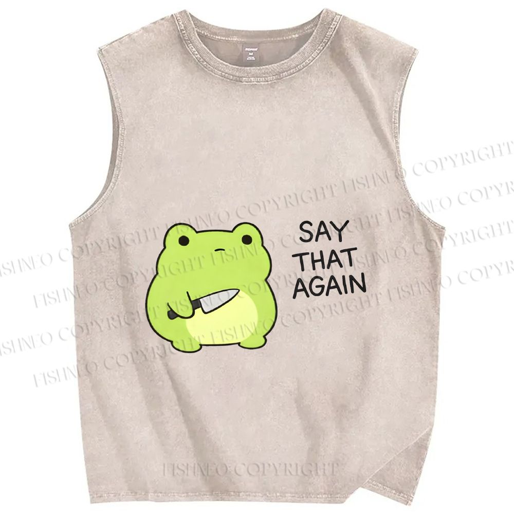 Unisex Say That Again Funny Frog With Knife Printed Washed Tank Top