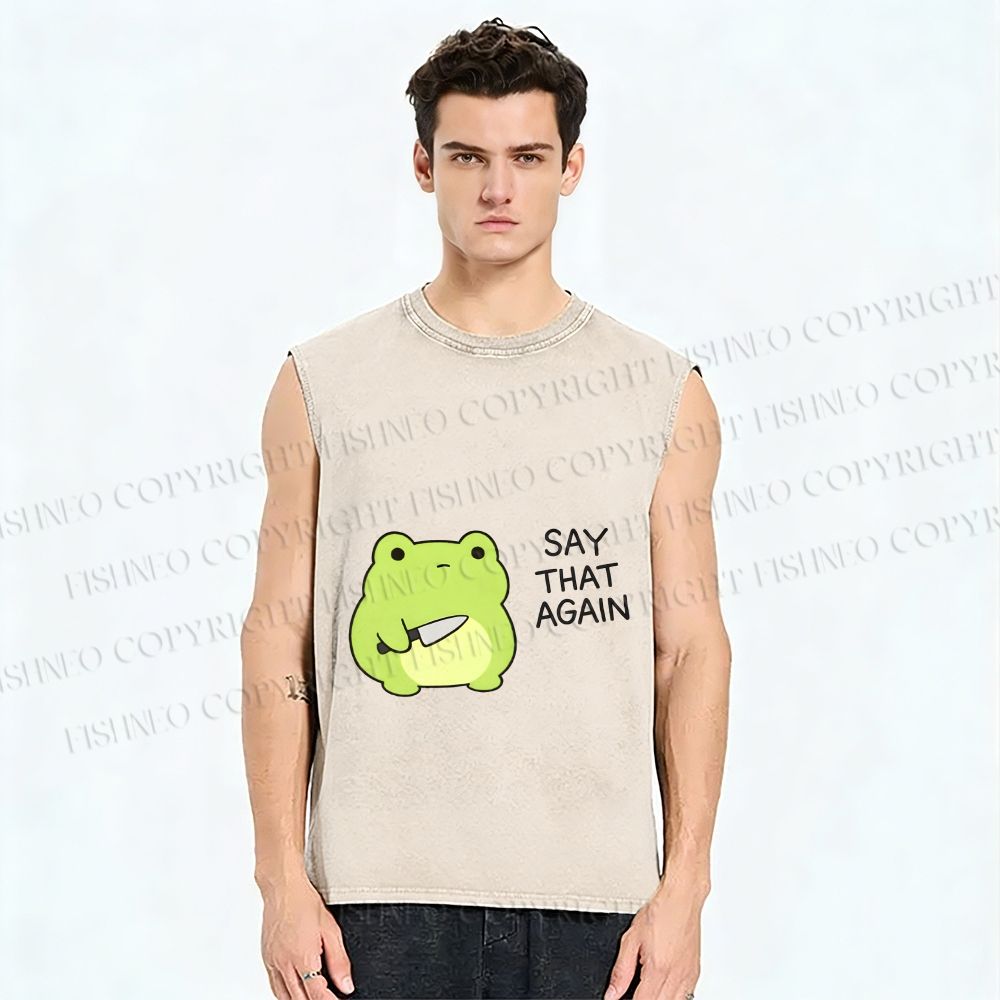 Unisex Say That Again Funny Frog With Knife Printed Washed Tank Top