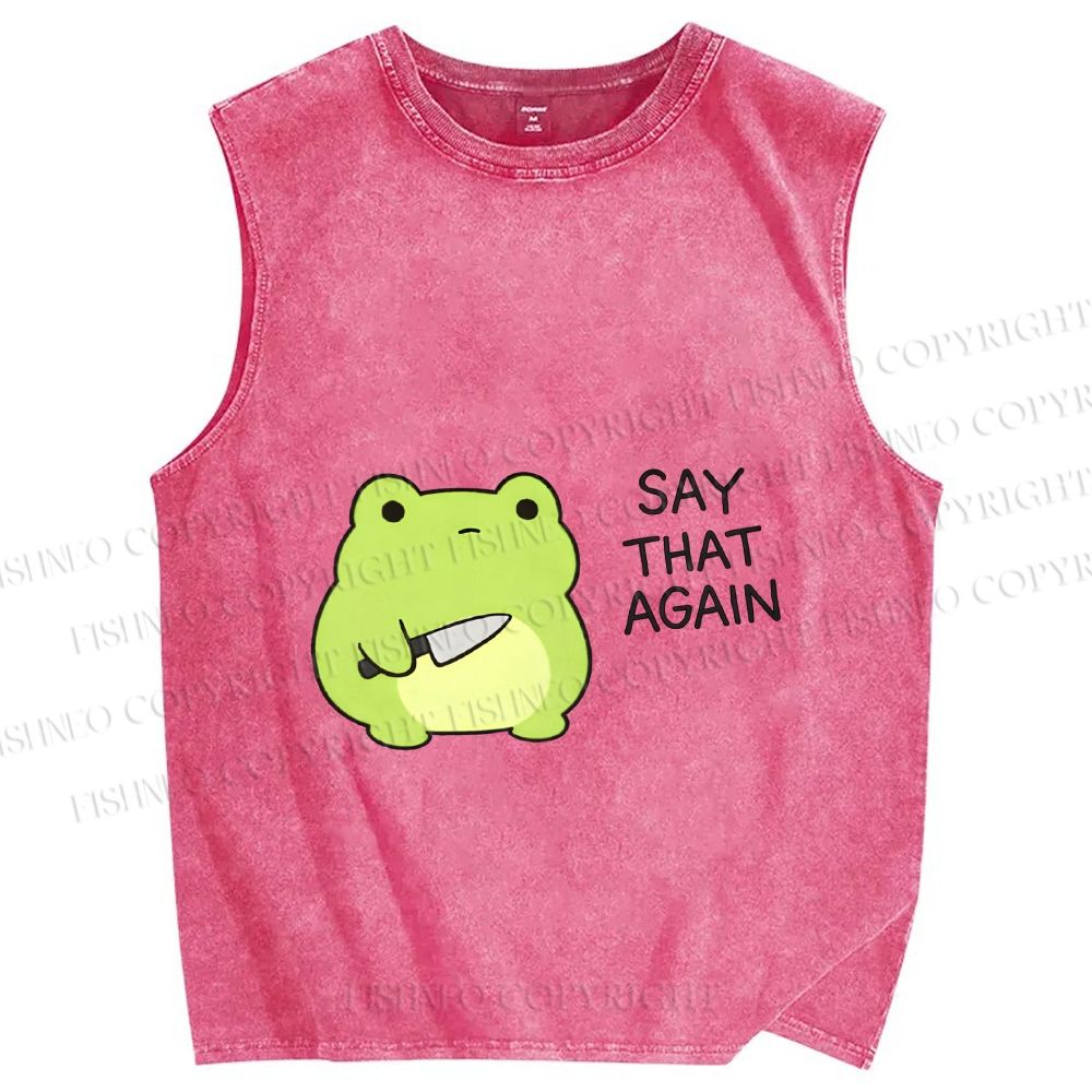 Unisex Say That Again Funny Frog With Knife Printed Washed Tank Top